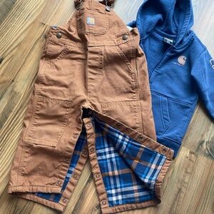 Carhartt Brown Kids Duck Canvas Bib Overalls with Plaid Lining and hoodie